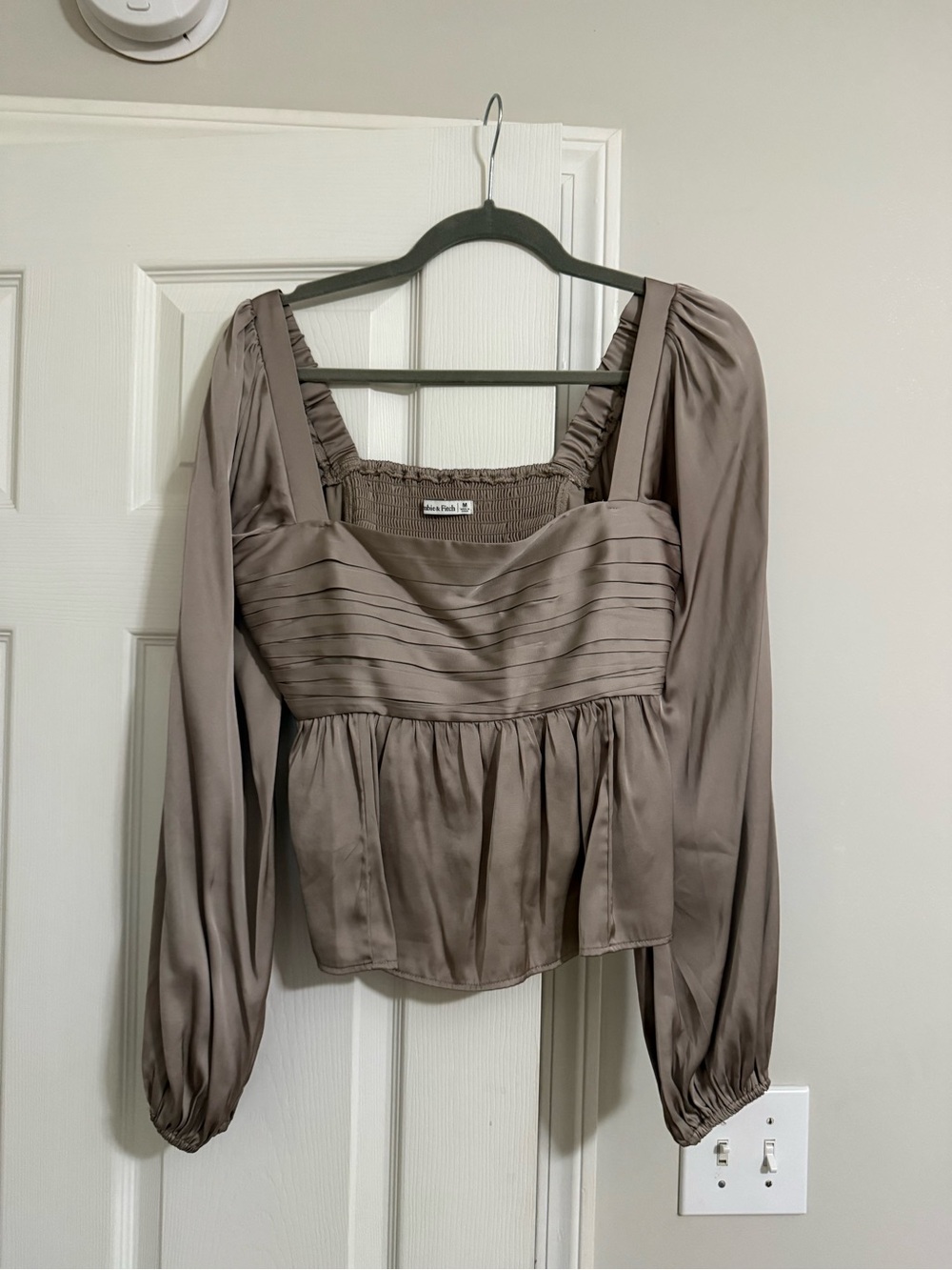 Abercrombie Taupe Satin Long-Sleeve Peplum Top